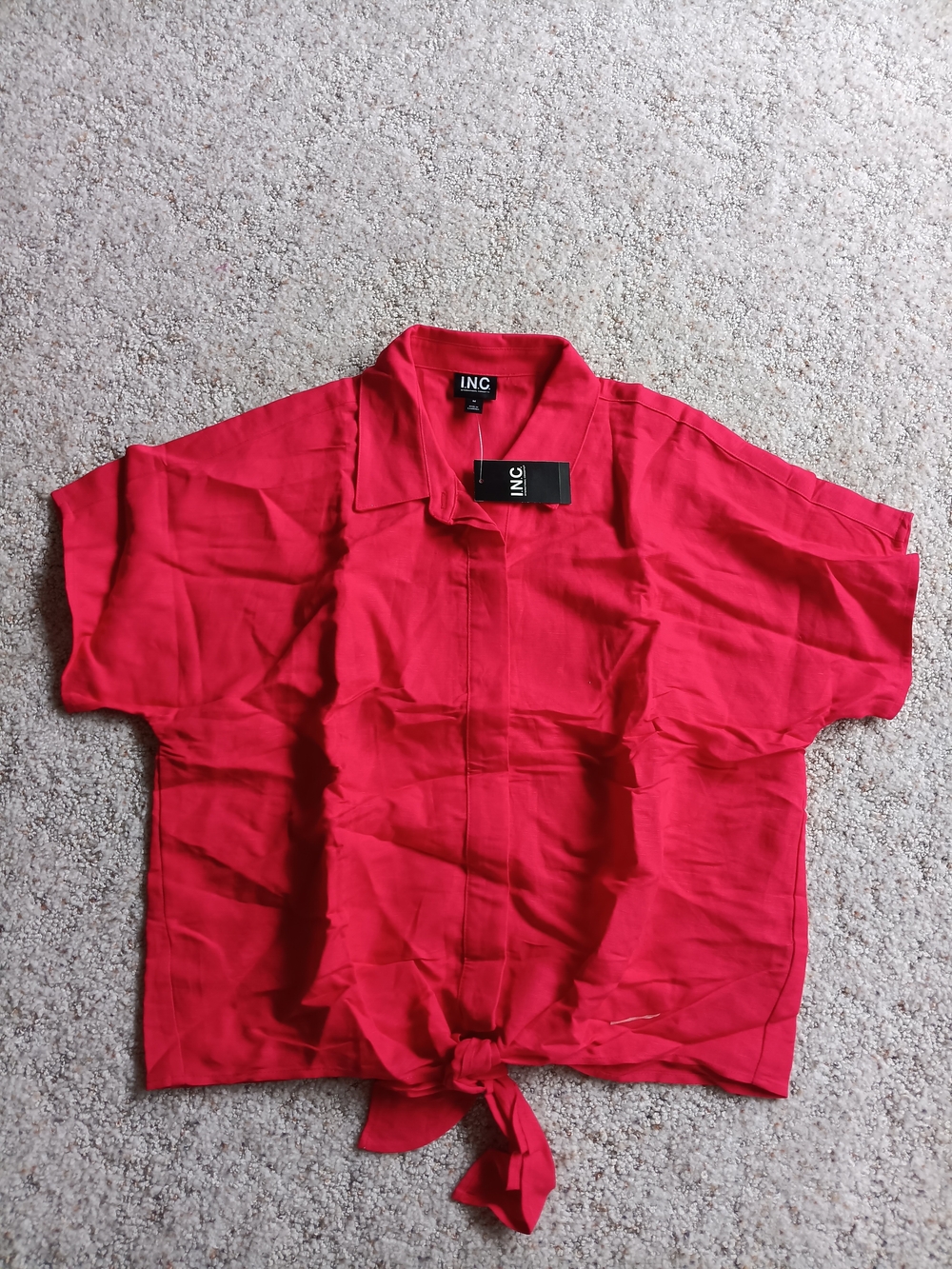 INC International Concepts Red Short Sleeve Button-Front Tie Hem Shirt